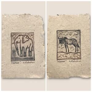 African Animal Print Etchings Elephant & Wildbeast on Handmade Paper